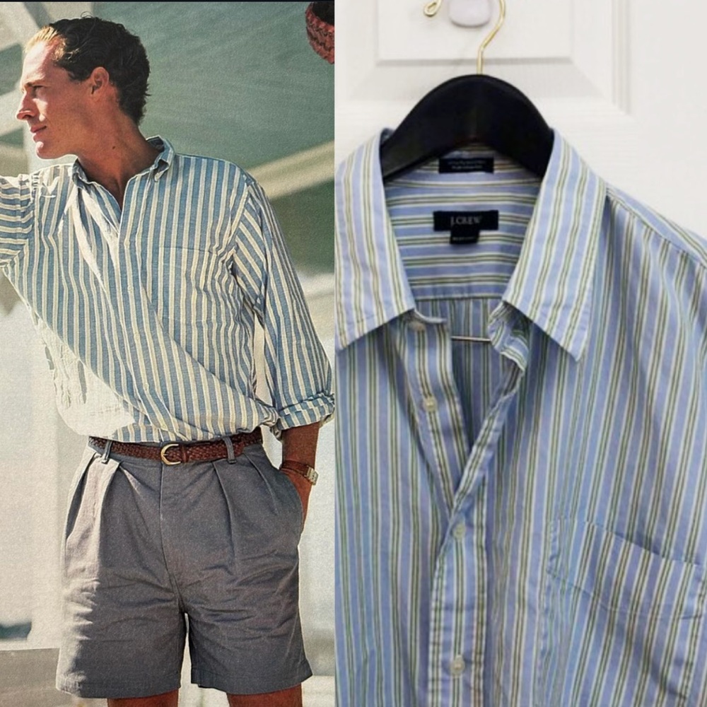 1990s Men's J Crew Striped Button Up Collared Vintage Dress Shirt XL 17-17.5